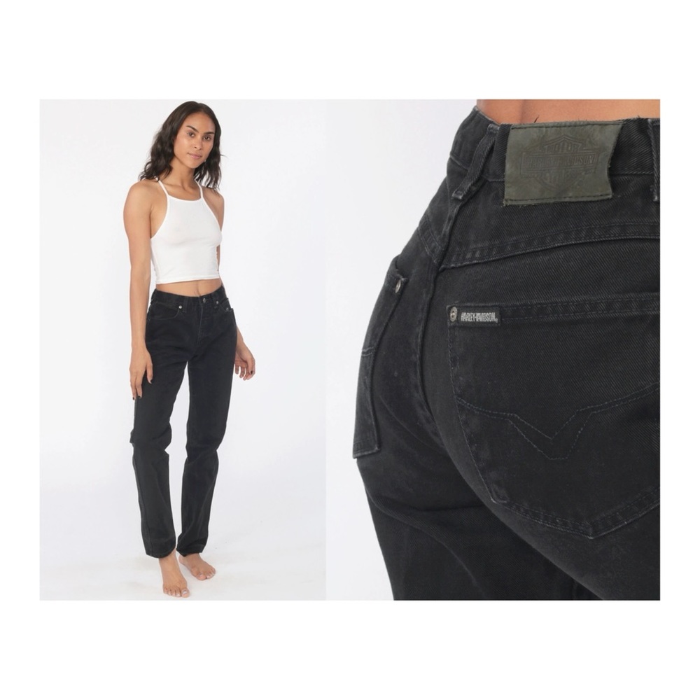 Harley Davidson Black Denim Motorcycle 90s High Waist Straight Relaxed Fit Jeans